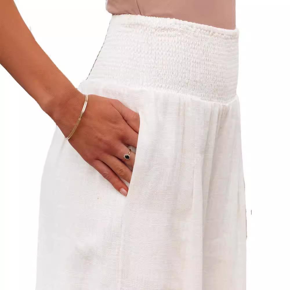 Women's Spring/Summer 2025 Cotton Linen Wide-Leg Pants - Solid Color, Elastic Waist, Casual Long Fit