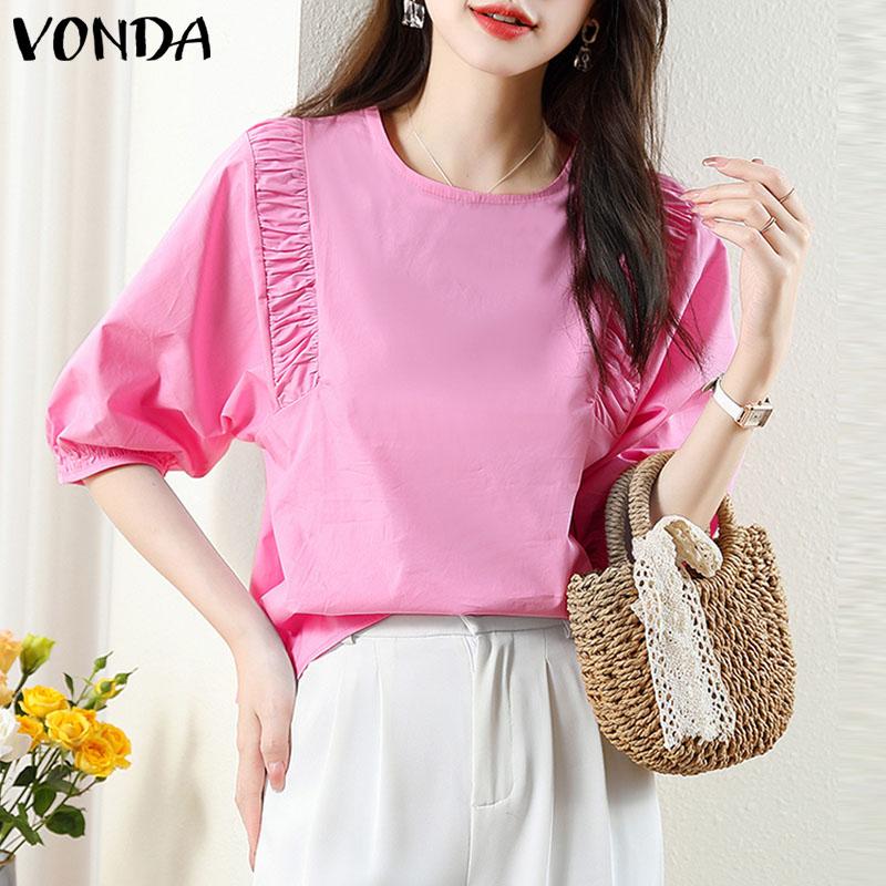 

VONDA Женская летняя свободная кружевная блузка с круглым вырезом и короткими рукавами