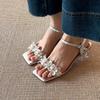 Sheepskin version~ Fairy style with skirt rhinestone open-toed sandals women's summer breathable silver thick heel crystal high heels