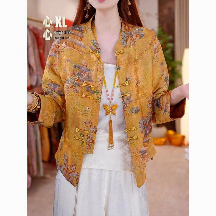 

Double-Sided 2026 Jacquard Top: Women s Retro Chinese Style Luxury Long-Sleeve Trendy Jacket 3XL 125-140 jin жовтий