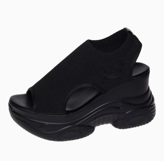 Women's New Summer Knitted Fish Mouth Shoes with Fairy Style Sponge Sole, High Heels with Flying Weave Slope Heel, Thick Sole Sports Women's Sandals
