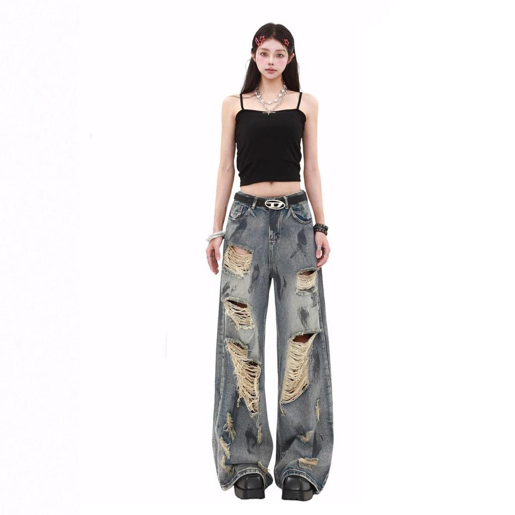 Scrap Wind Tie-Dye Broken Hole Denim Jeans Women Pear-Shaped Body Large Size Loose Straight Draped Wide-Leg Pants Retro Baggy Long Jeans for Ladies