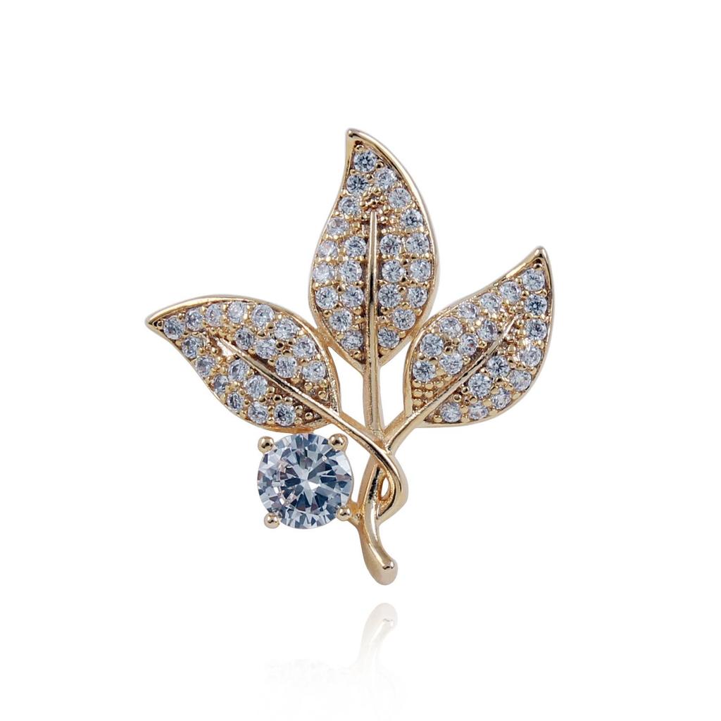 Elegant Unisex High-End Gold-Plated Leaf Brooch with Zircon