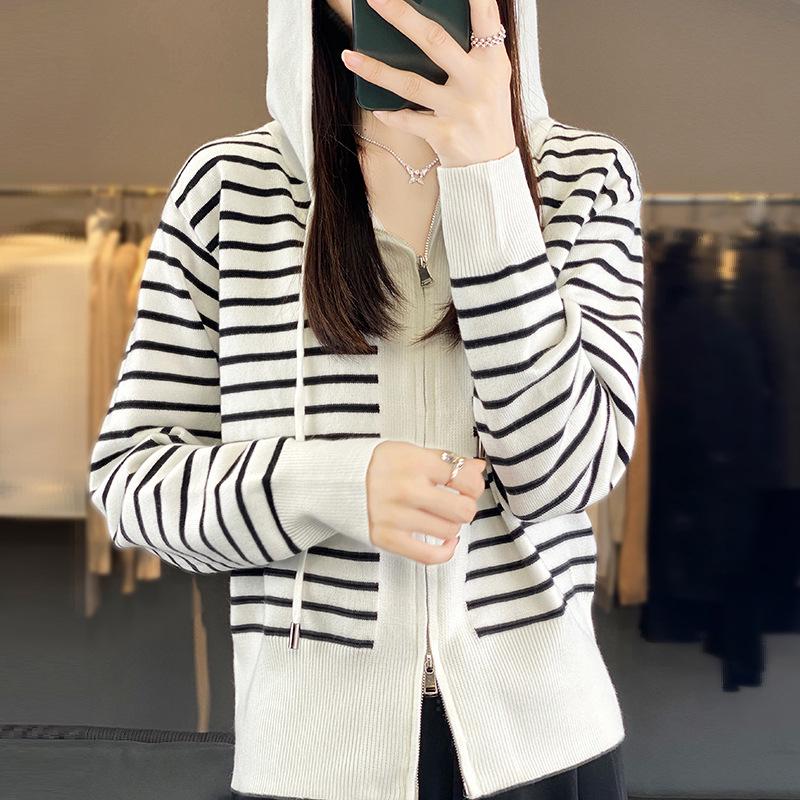 Cárdigan de punto con capucha a rayas para mujer Otoño-Invierno