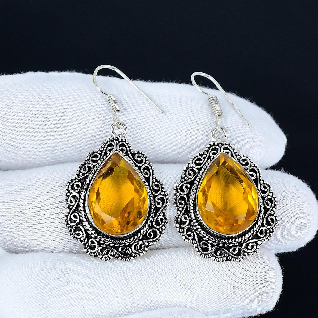 Citrine Gemstone Earrings, 925 Sterling Silver Earrings, Silver Earrings For Gift, Citrine Dangle Drop Earrings For Valentine's Day Gifts