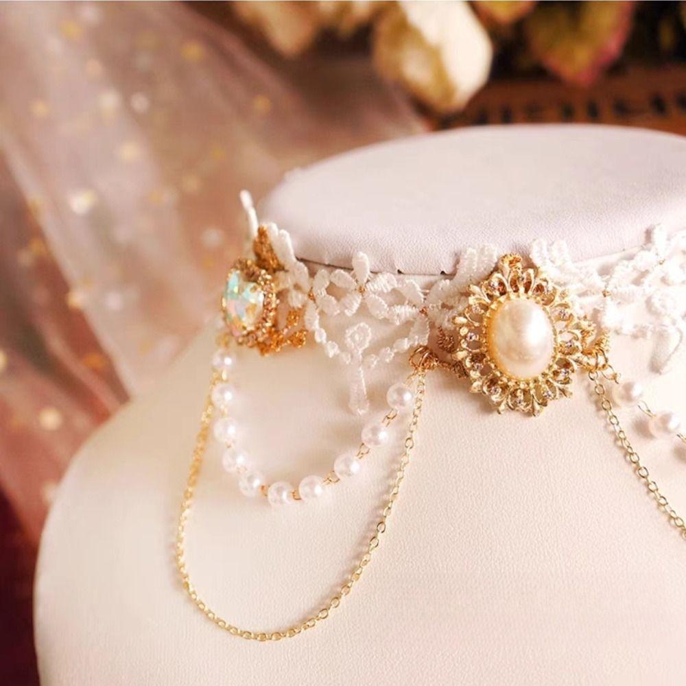 Vintage Lace Pearl Choker Shiny Lolita Choker Necklace Adjustable Rhinestone Tassel Necklace Party