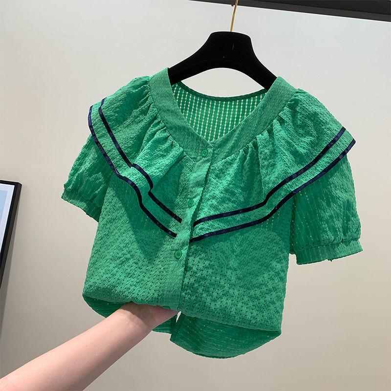 

Синяя шифоновая блузка с короткими рукавами. Женская летняя дизайнерская блузка Sense. 2XL зелёный