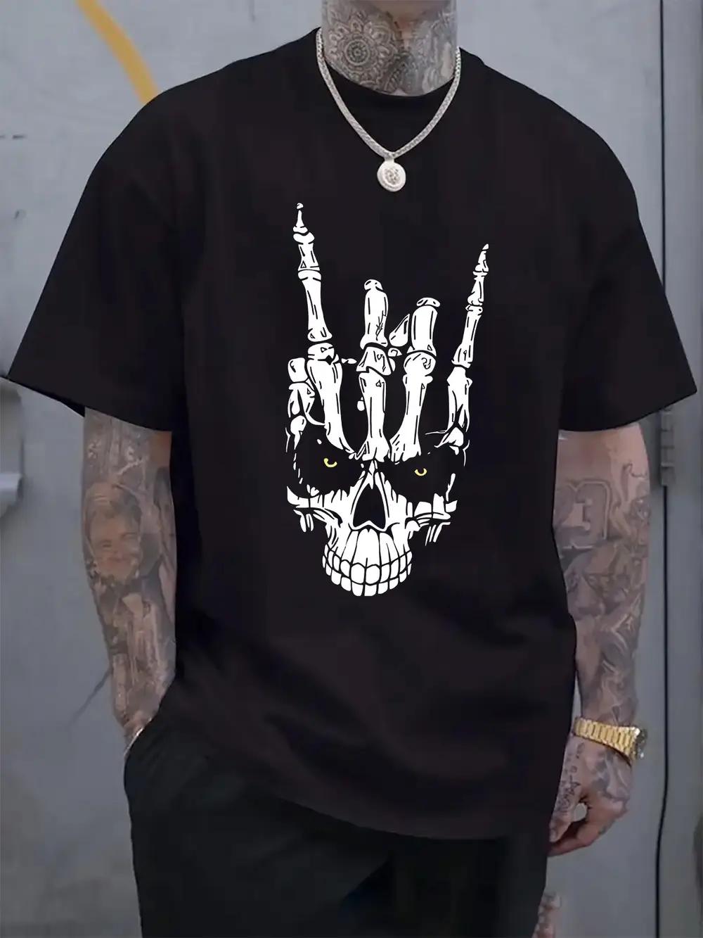Rocker Skull Hand Graphic T-shirt - Casual Crew Neck Short Sleeve Tee with Skeleton Hand Print M