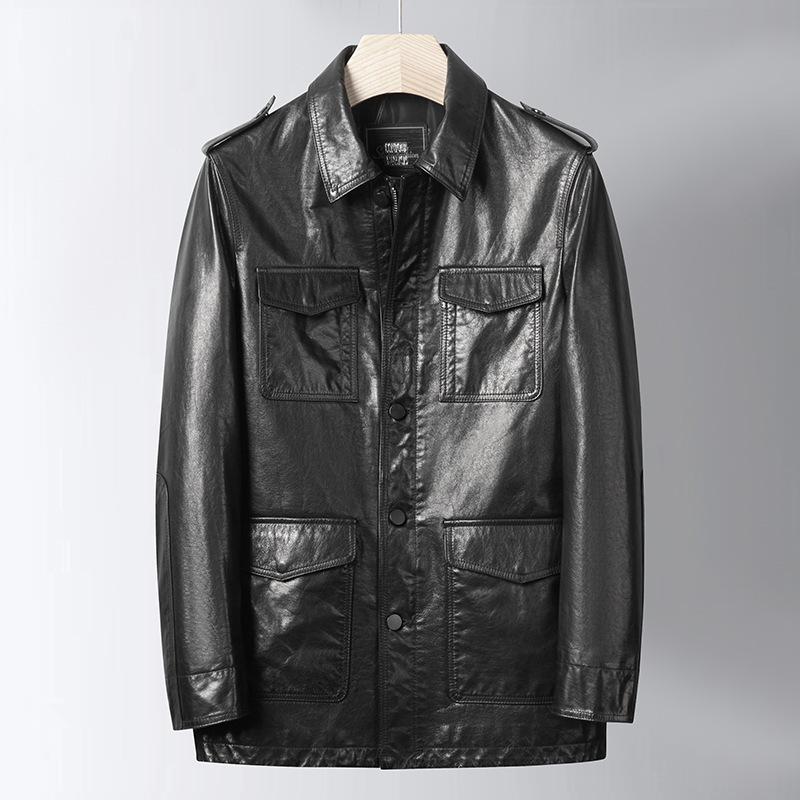 

Мужская куртка из натуральной кожи, весна-осень, новый стиль, средней длины, первый слой вощеной телячьей кожи, лацканы, охотничья кожаная куртка для мотоцикла 3XL