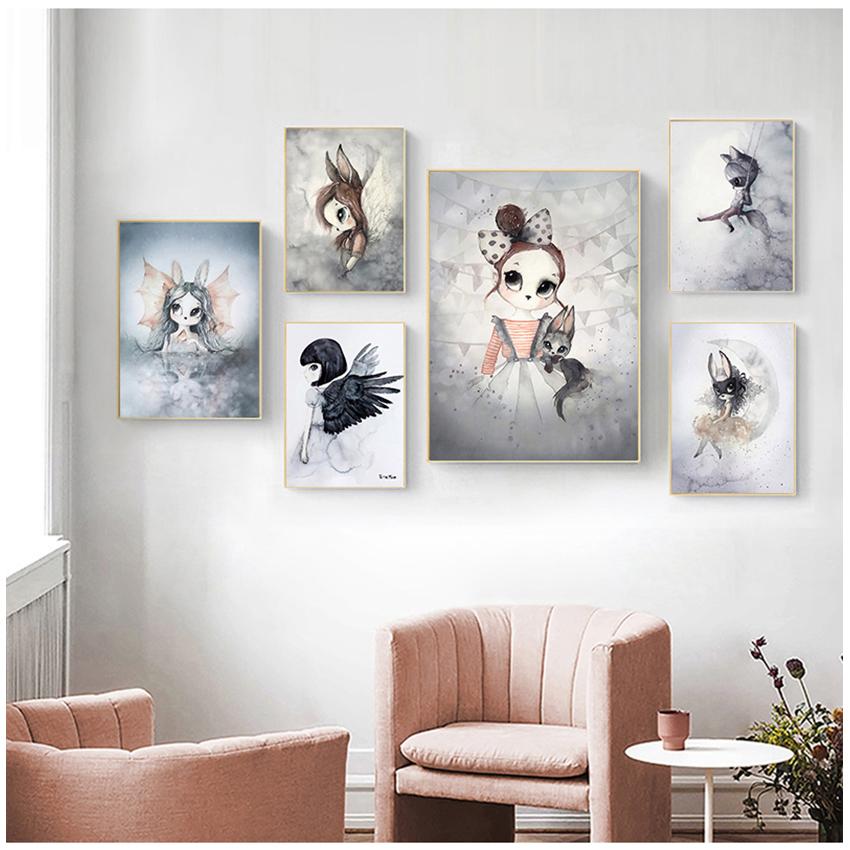 Picture Deer Rabbit Angle Wing Animal Abstract Sweet Living Room Home Decor Poster Print Nordic Canvas Painting Girl Bedoom Wall