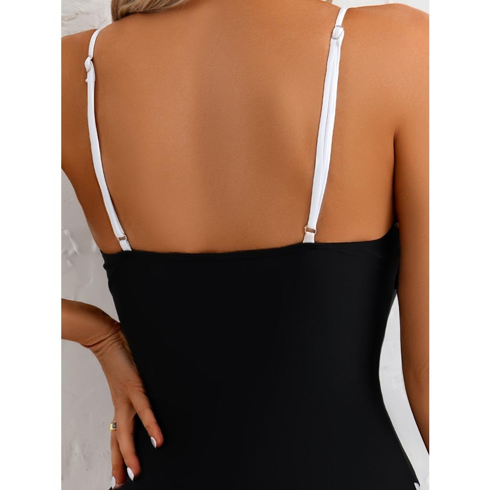 Women's One-Piece Swimsuit - Black & White Contrast Color Block, Thin Straps Backless Design, Summer Swimwear,Trendy Swimwear