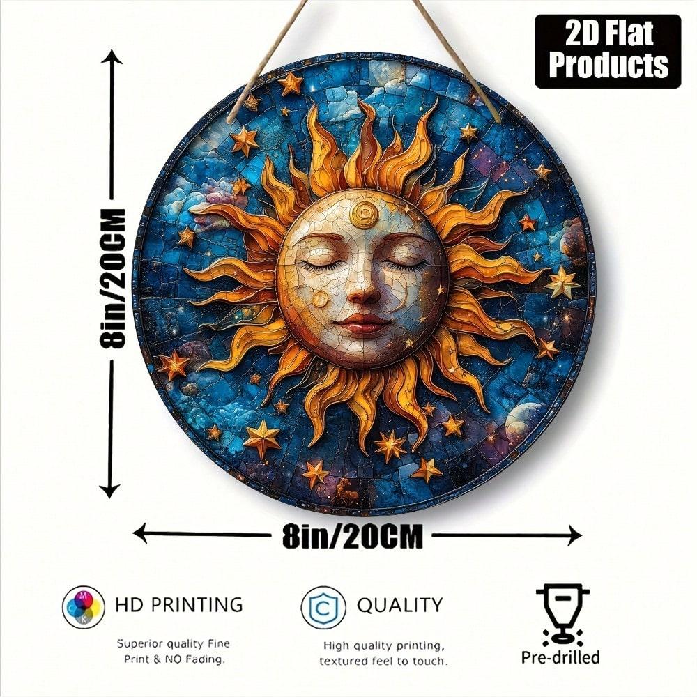 Iron Sheet Art Abstract Sun Moon Round Wall Decor 8x8 Inches 2D Flat Metal Painting Home