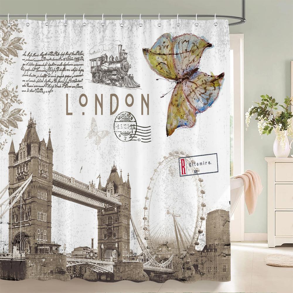 1 Pack European Retro Architecture Flower Style Shower Curtain Partition Bathroom Curtain With Hooks Home Decorative Curtain