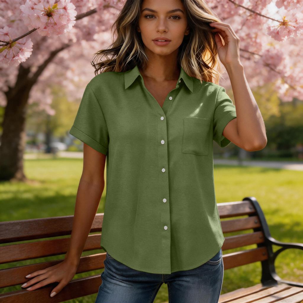 Women's Casual Short Sleeve Button Down Shirt Relaxed Fit Lightweight Blouse with Collar and Front Pocket for Everyday Wear