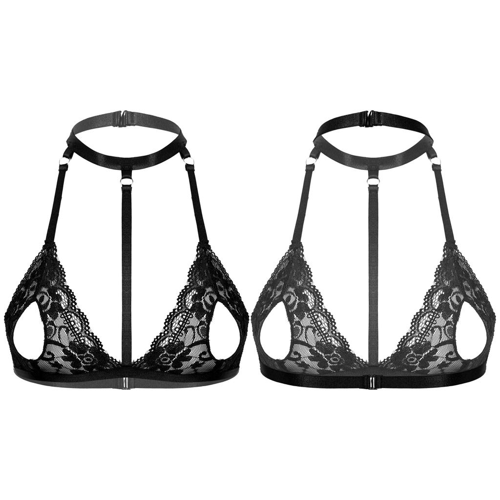 Dámská bezdrátová podprsenka bez podšívky z průhledné krajky Halter Neck Strappy Hollow Out Bra