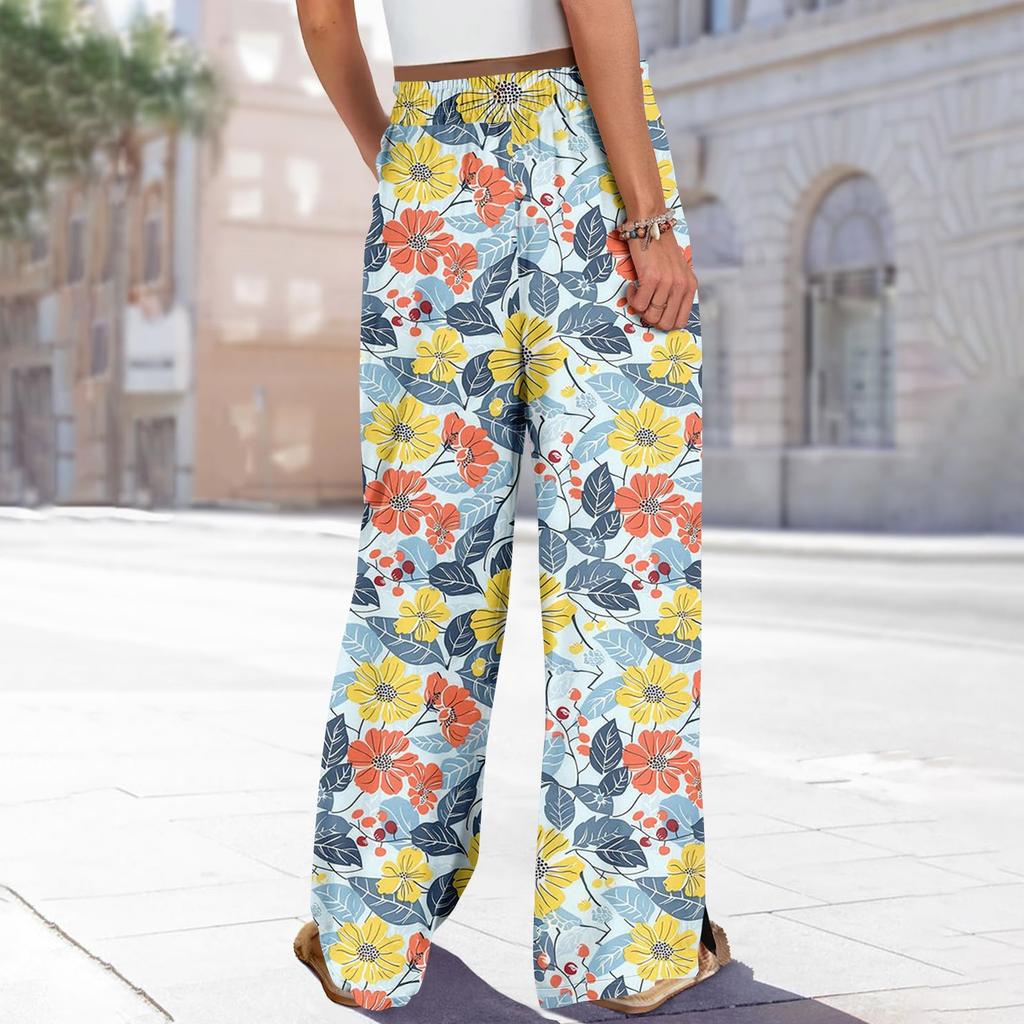 Women Summer Boho Palazzo Pants High Waist Wide Leg Printing Casual Trousers With Pockets