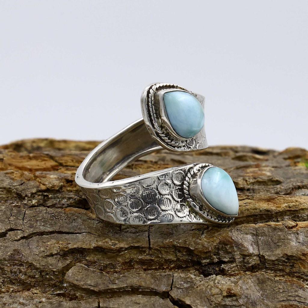 925 Sterling Silber Natürlicher Larimar Edelstein Geburtsstein Ring, Statement Ring, Böhmischer Ring