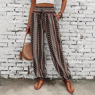 Spring/Summer Women's Bohemian Ethnic Print Loose Slimming Draped Elastic Waist Cuffed Casual Pants