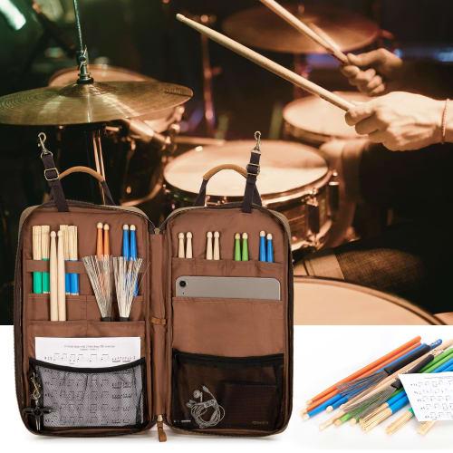 Damero Drumstick Bag, Holds Approximately 12 Pairs, Waxed Canvas, Shoulder Strap, Multiple Pockets