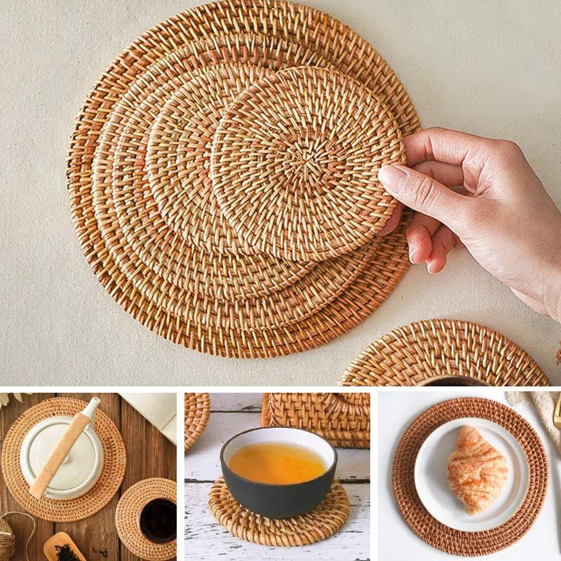 Hand Woven Hot Insulation Placemats Table Padding Kitchen Decoration Accessories Cup Mat Round Natural Rattan Hot Pad