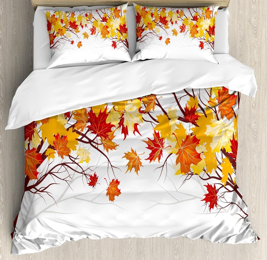 Maple Leaf Duvet Cover Queen Autumn Leaves Bedding Set Old Wooden Plank Vintage Comforter Cover for Boys Adults Room/Cabin Decor