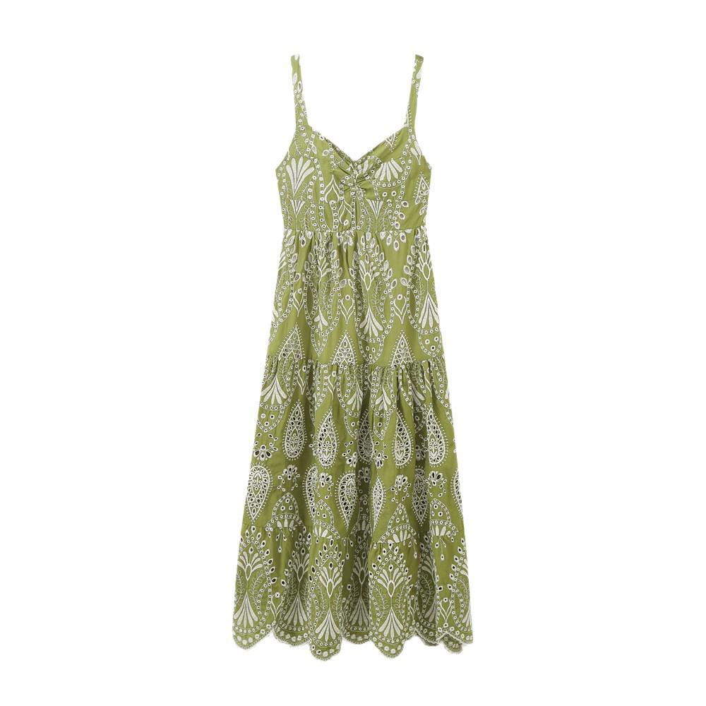 2025 Summer Women's European and American Style Hollow-out Embroidery Midi Dress with Spaghetti Straps