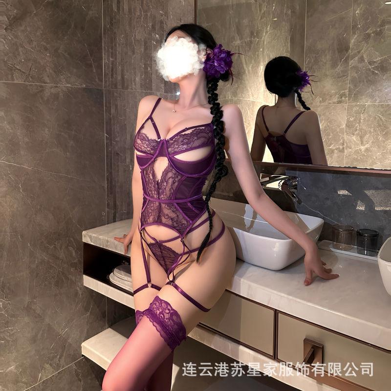Sex Underwear Sexy Purple Uniform Hollow Halter Breathable Bra Thong Perspective Set Female Midnight Charm