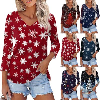Shirt für Damen, modisch, lässig, V-Ausschnitt, 3/4-Ärmel, lockeres T-Shirt mit Weihnachtsdruck, Damenoberteil