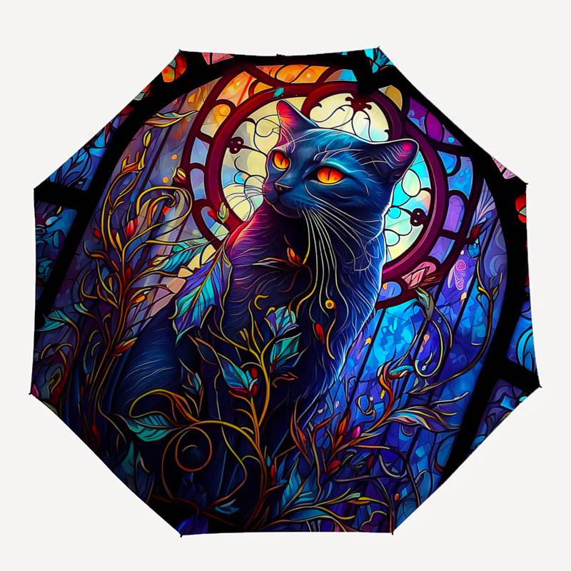 1pc Stained Glass Cat Design Automatic Folding Umbrella - Portable 3-Fold Design with Iron Frame, Outdoor, Ideal Gift for Fans, Travelers, Daily Use.K