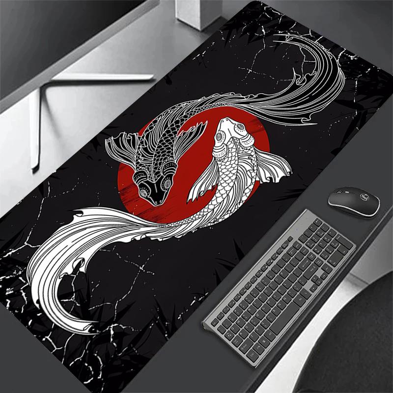 Japanese Desk Mat Black & White Mouse Pad Koi Fish Japan Art Seal Yin-yang Fish Large XXL Gaming Deskmat Rubber Mousepad 80x30