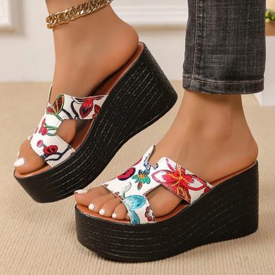Schuhe Damen 2024 Zehenfrei Damen Hausschuhe Übergröße Lässige Hausschuhe Damen Print Runde Zehen Super Hohe Keile Damen Sandalen