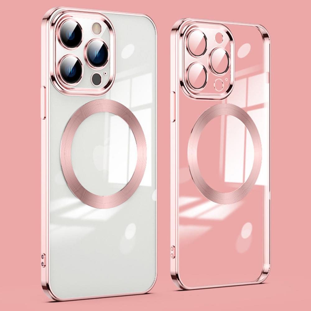 

For iPhone 12 Pro Max Compatible with MagSafe TPU Clear Phone Cover with Glass Lens Protector Rose Gold