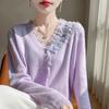 Three-dimensional Floral Knit Cardigan - Autumn/Winter Casual Loose V-neck with Cross Lace Long Sleeves