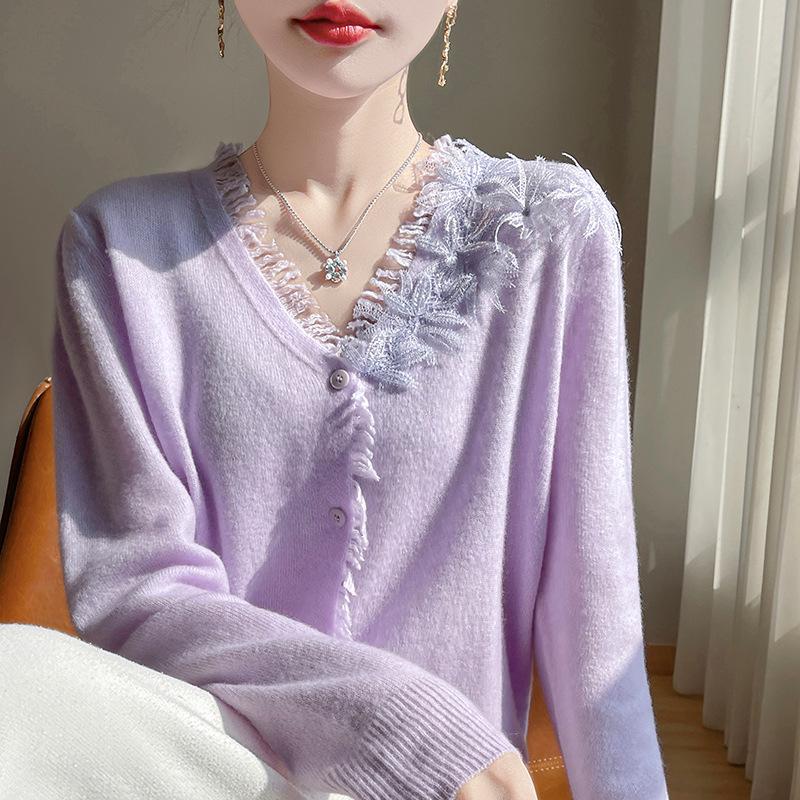 Three-dimensional Floral Knit Cardigan - Autumn/Winter Casual Loose V-neck with Cross Lace Long Sleeves