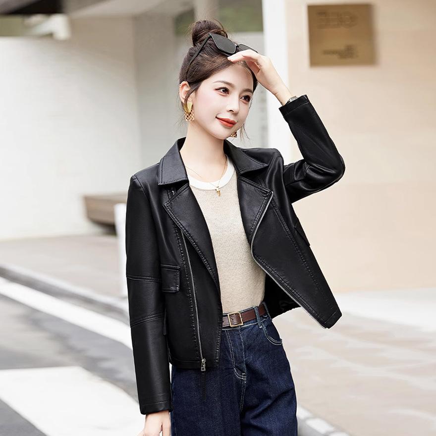

Кожаная куртка женская куртка короткая одежда в стиле локомотив маленькая весна и осень новая модная повседневная дизайнерская кожаная куртка XXL чёрный