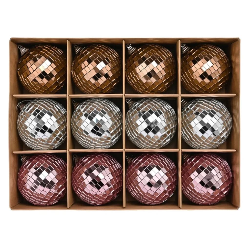 12pcs 8CM Mini Mirror Disco Ball Christmas Tree Hanging Ornaments Reflective Rotating Bright Silver Glass Ball For Xmas Holiday