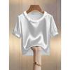 Damen Rundhals Perlenbestickt Puff Kurzarm Einfarbig Satin Lockerer Schnitt Elegant Büro Freizeit Bluse Top