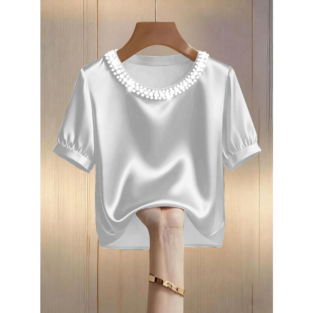 Damen Rundhals Perlenbestickt Puff Kurzarm Einfarbig Satin Lockerer Schnitt Elegant Büro Freizeit Bluse Top