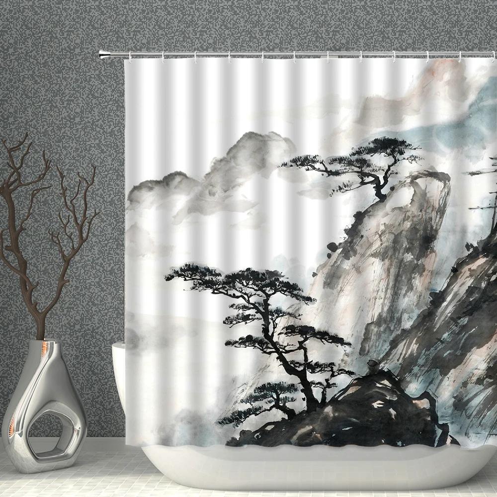 Chinese Ink Painting Mountain Landscape Plant Flower Printing Pattern Household Decoration Waterproof Polyester Fabric With Hook