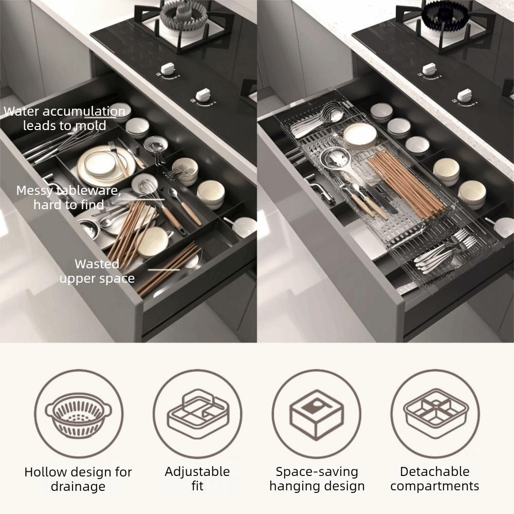 Plastic Expandable Drawer Organizer Space Saving Large Capacity Cutlery Storage Box with Compartment Adjustable Cutlery Tray