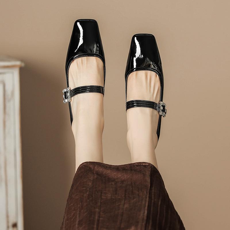 H263-15 Huizhou Huidong women's shoes square head low heel flat sole shoes with Mary Jane women's shoes rhinestone buckle decoration