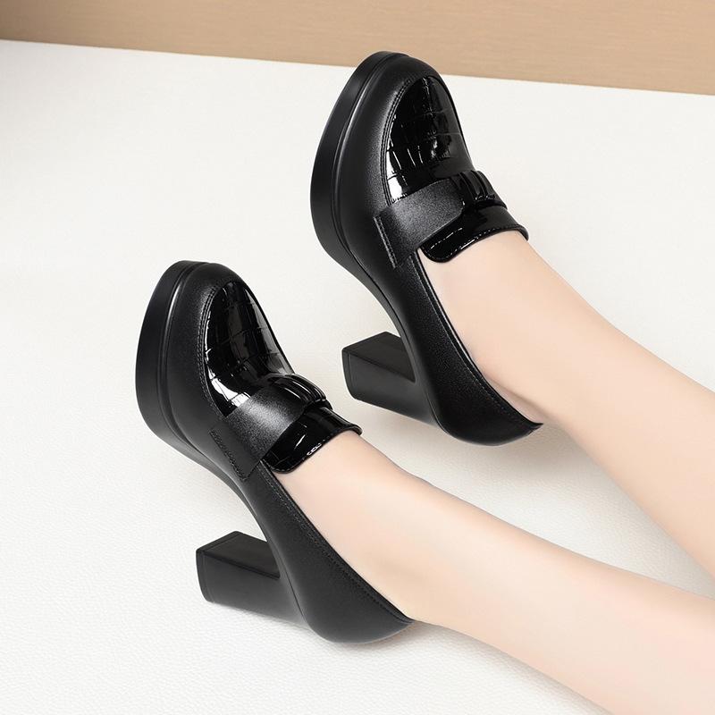 Spring and Autumn New Mother Shoes Thick Heel Waterproof Table Deep Mouth Single Shoes High Heels Thick Sole Heightening Women's Leather a Generation