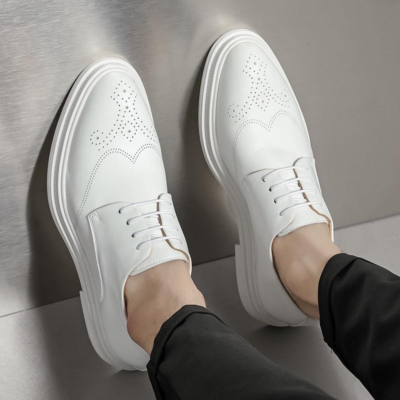 Large Size 46 Men's Heightening Brock White Leather Shoes Korean Version Dance New Casual Fashion Lace-up Men's Shoes