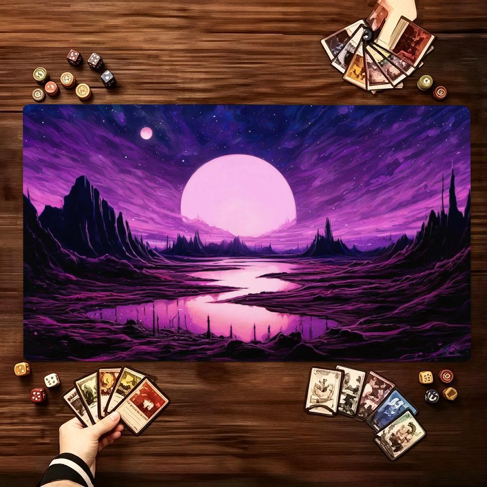 Neon Mountain Forest Moon Landscape Game Play Mat Smooth Thick Rubber Base For Card Tabletop Gaming And Computer Desk Setup
