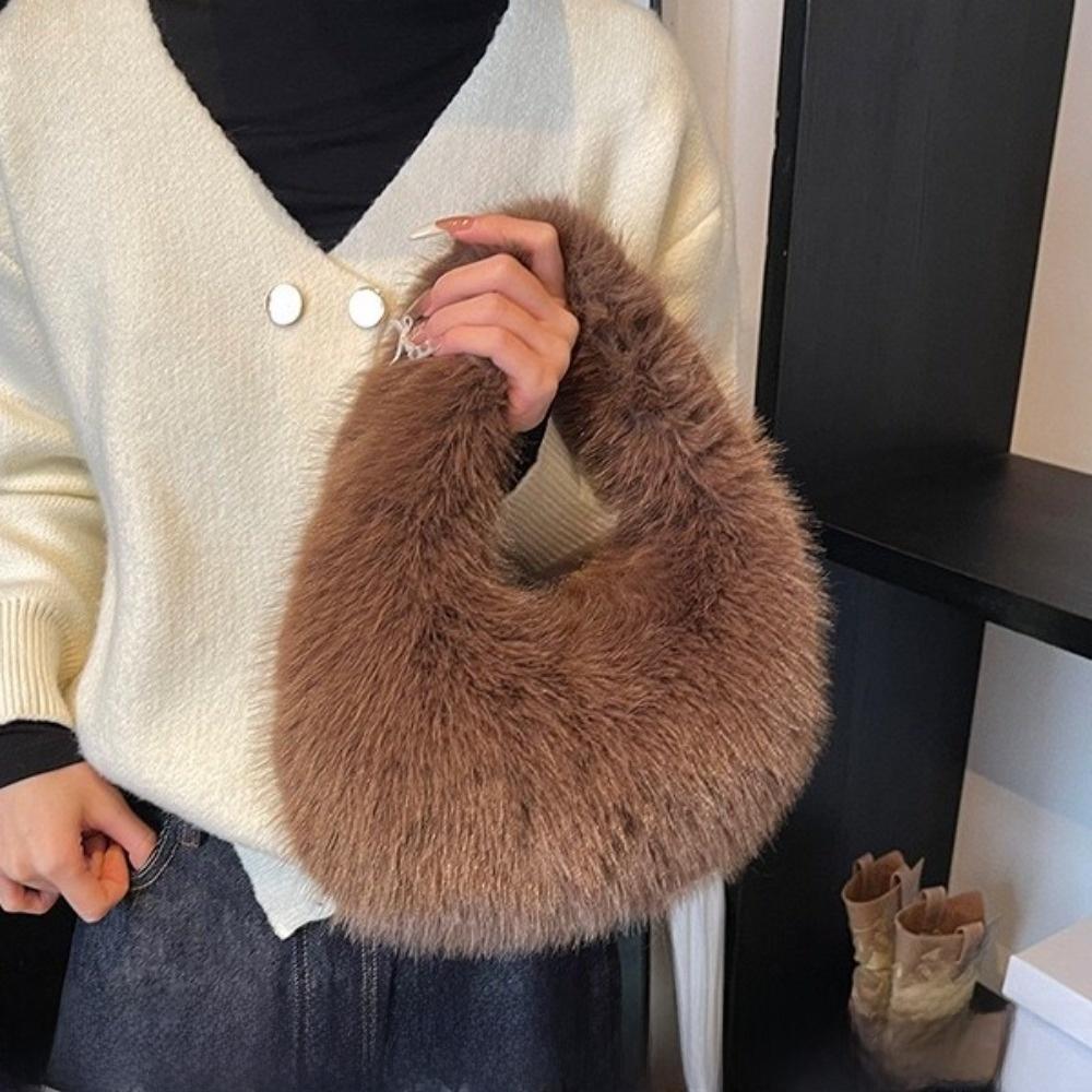 Elegant Faux Furry Texture Purse Half Moon Shape Tote Bag Trend Plush Clutch Handbags Winter