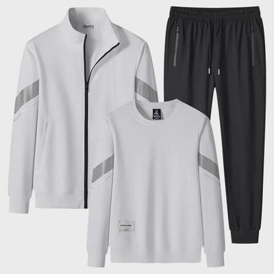 Men's Large Casual Sports Suit: Spring/Autumn Three-Piece Set with Cardigan Jacket, Stand Collar, Long Sleeves, and Sweater.