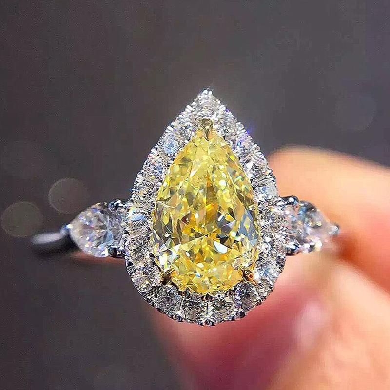 Brilliant Yellow CZ Rings for Women Gorgeous Anniversary Gift for Female Delicate Lady Luxury Accessories Party Jewelry