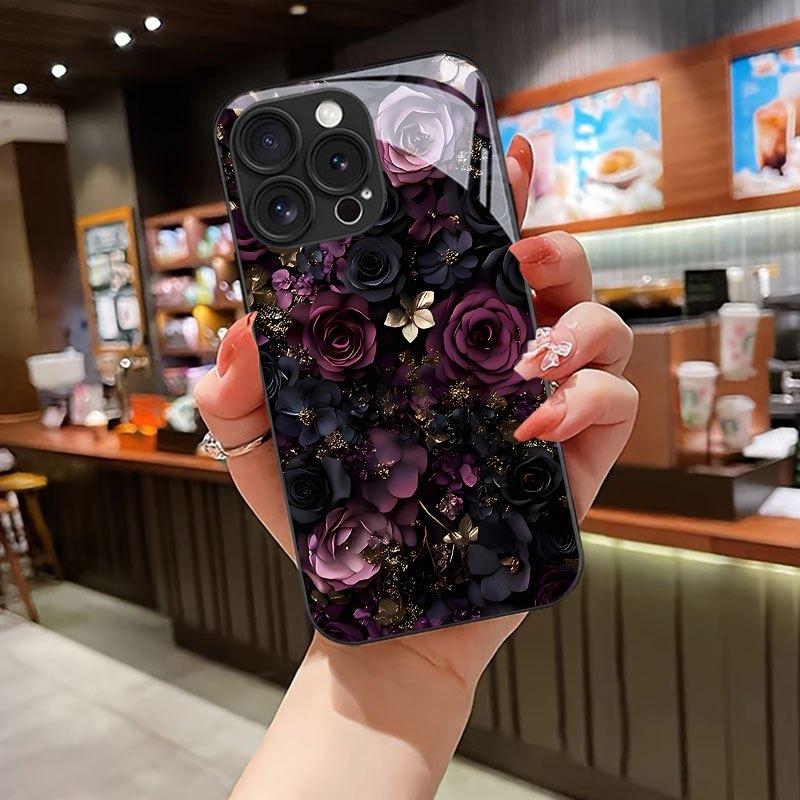 Dark Rose Print Pattern Tempered Glass Phone Case For iPhone 17 16 15 14 13 12 11 Pro Max 17 Air 7 8 Plus XR XS X Cover