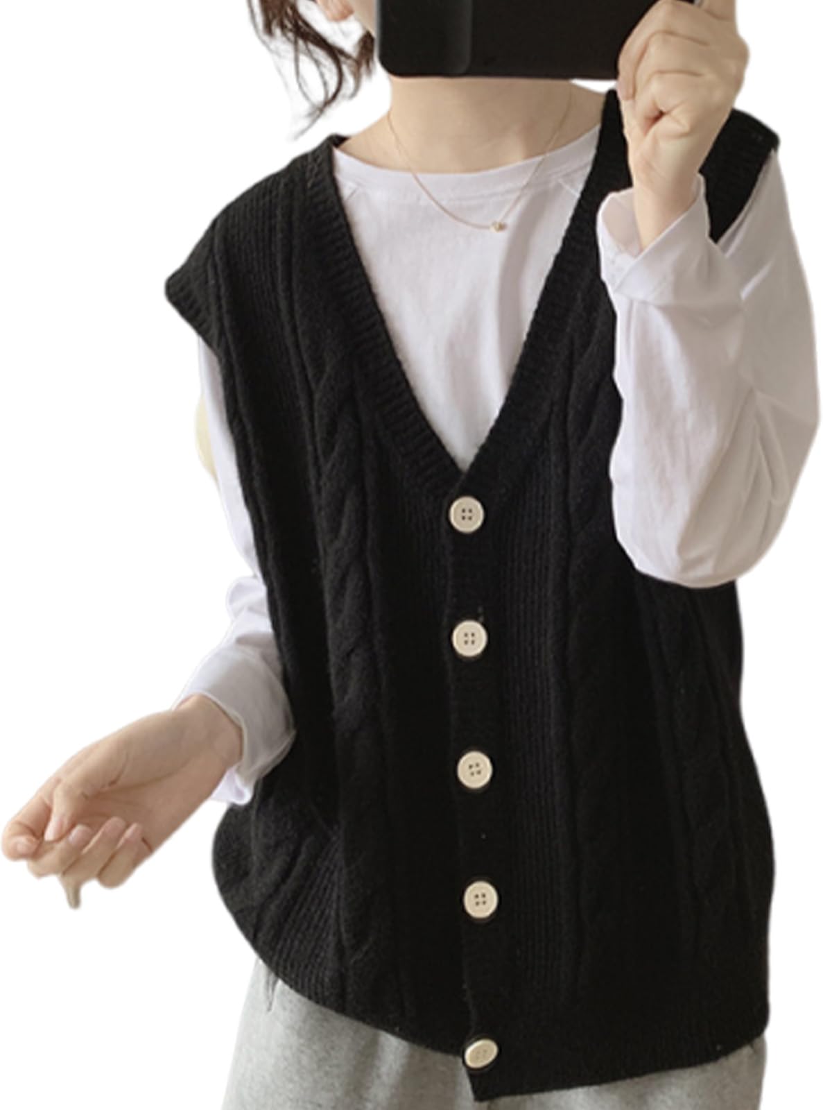 

J.STORE Women s Cable Knit Vest, Casual, Outing, Loose Fit, Elegant, Spring/Autumn, School, V-Neck, Black, 5S-J03-BKM