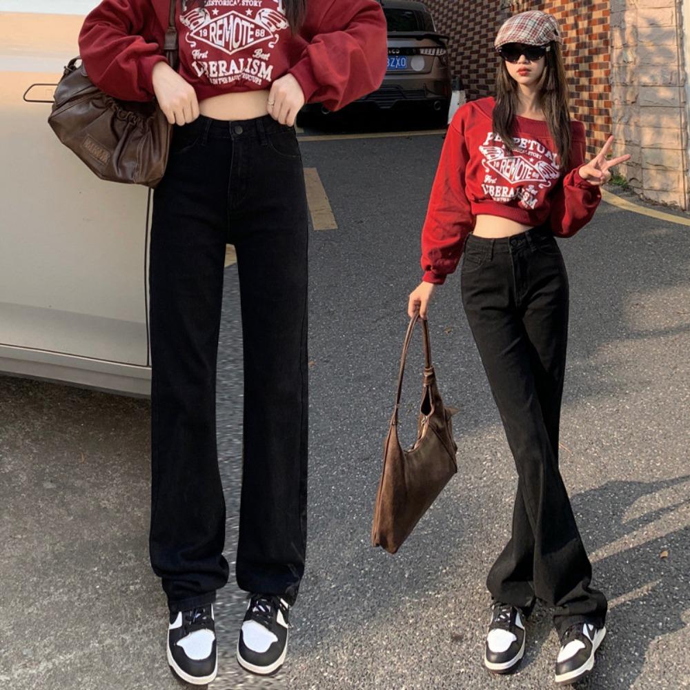 

Fashion high-waisted straight-leg pants women s autumn and winter 2025 Korean version slim and thin versatile black wide-leg jeans tide 2XL чёрный